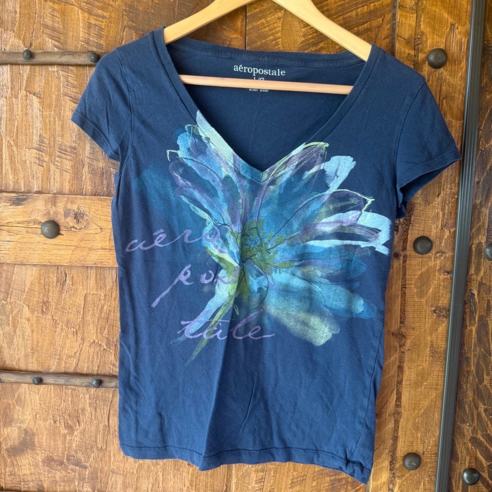 Aeropostale Y2K Tee Women L Blue Floral Short Sleeve T-Shirt Fairycore Whimsical